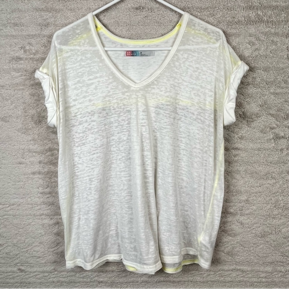 Free People White Sheer V-Neck Short Sleeve Tee with Subtle Yellow Accents